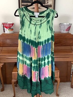JUST CRUISING Womens Free Size Tie-Dyed Embroidered DRESS Sundress Rayon Comfy